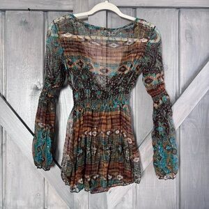 Y2K Sequin Sheer Babydoll Blouse Top Longsleeve brown teal Size M